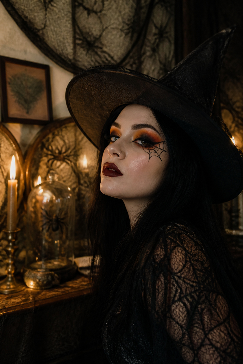Witch Makeup Halloween Ideas for 2026: 15 Styles 13 Model with orange eye makeup and spiderweb details in a dim room.