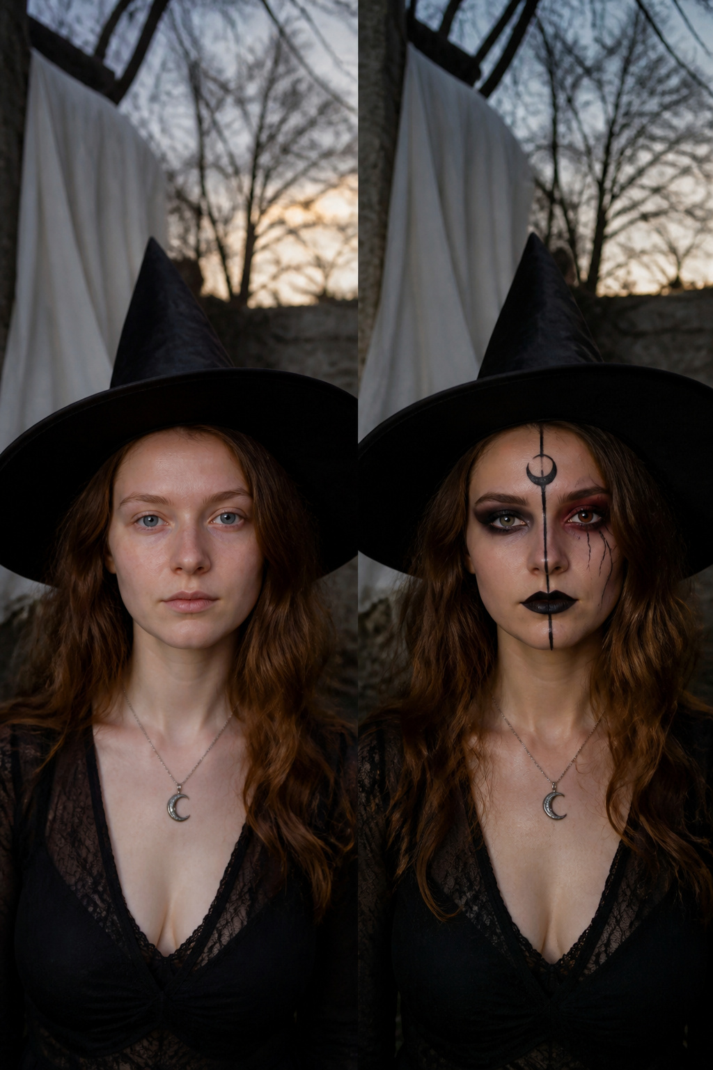 Witch Makeup Halloween Ideas for 2026: 15 Styles 14 Model with one side warm and sunny, the other side dark and eerie.