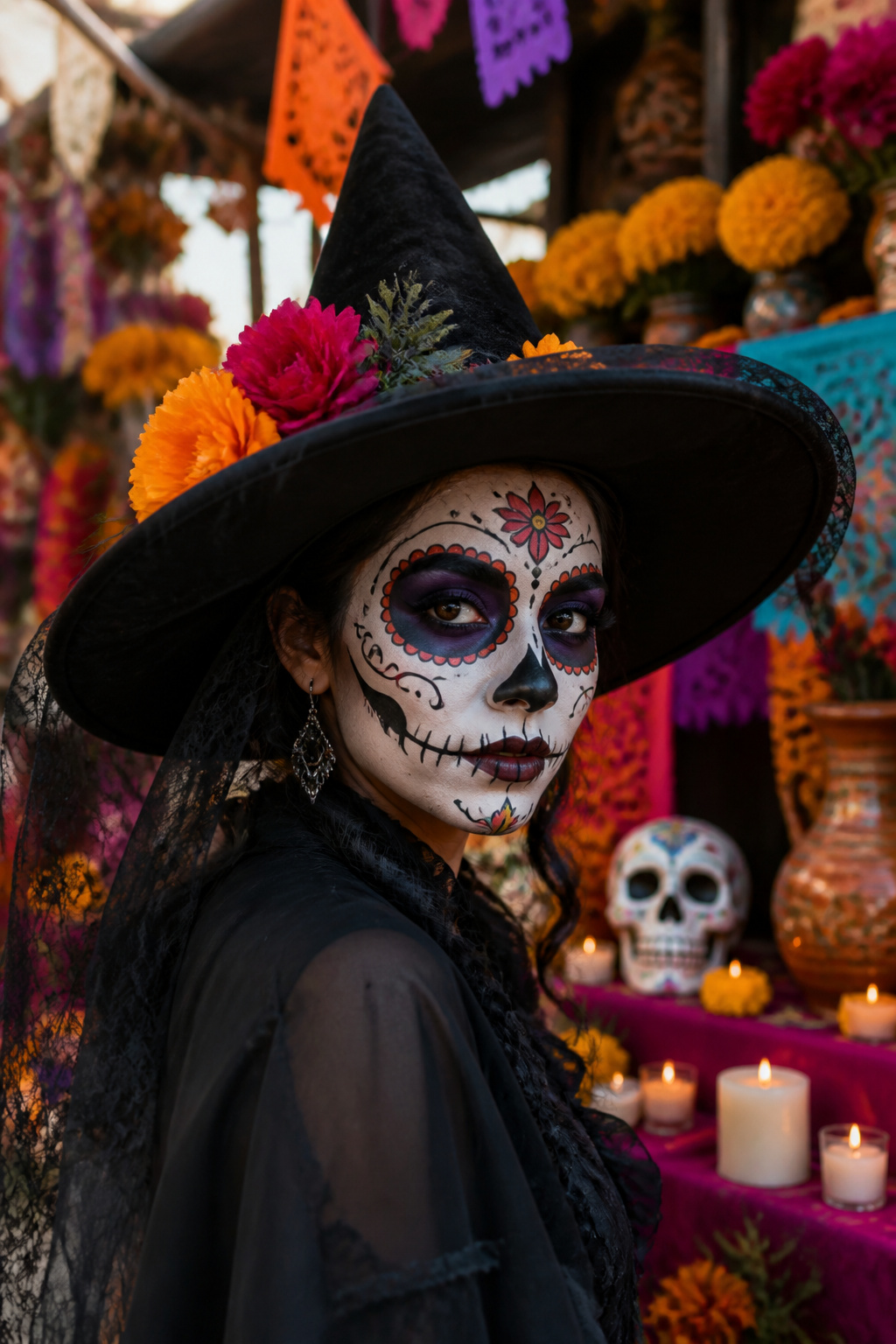 Witch Makeup Halloween Ideas for 2026: 15 Styles 15 Model with sugar skull makeup and angular black designs on her face.