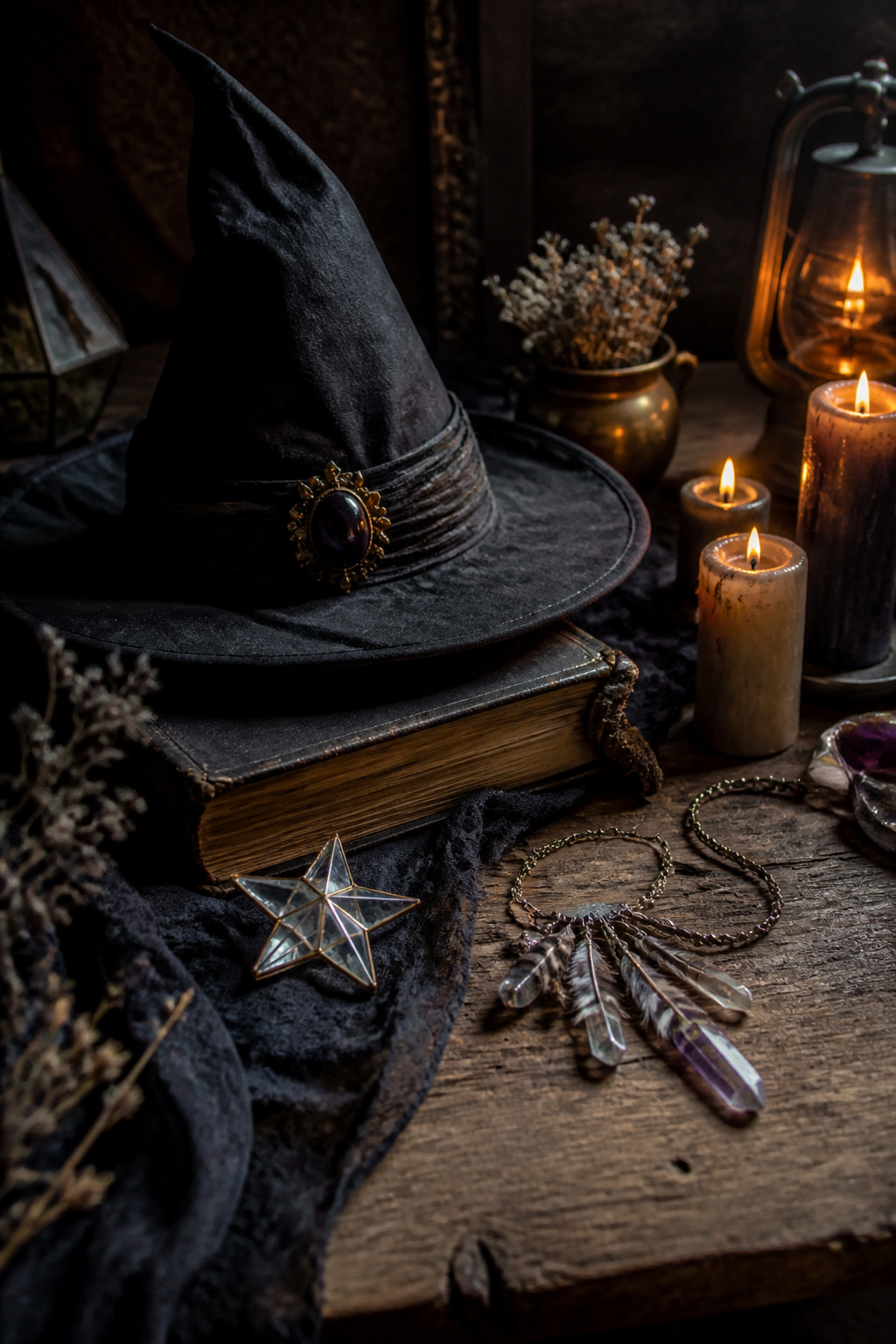 Witch Makeup Halloween Ideas for 2026: 15 Styles 18 Accessories like a witch hat and star-shaped gems displayed on a dark backdrop.