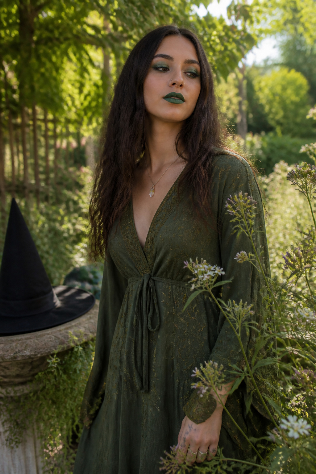 Witch Makeup Halloween Ideas for 2026: 15 Styles 2 Model with green lipstick and eyeshadow in a lush garden setting.