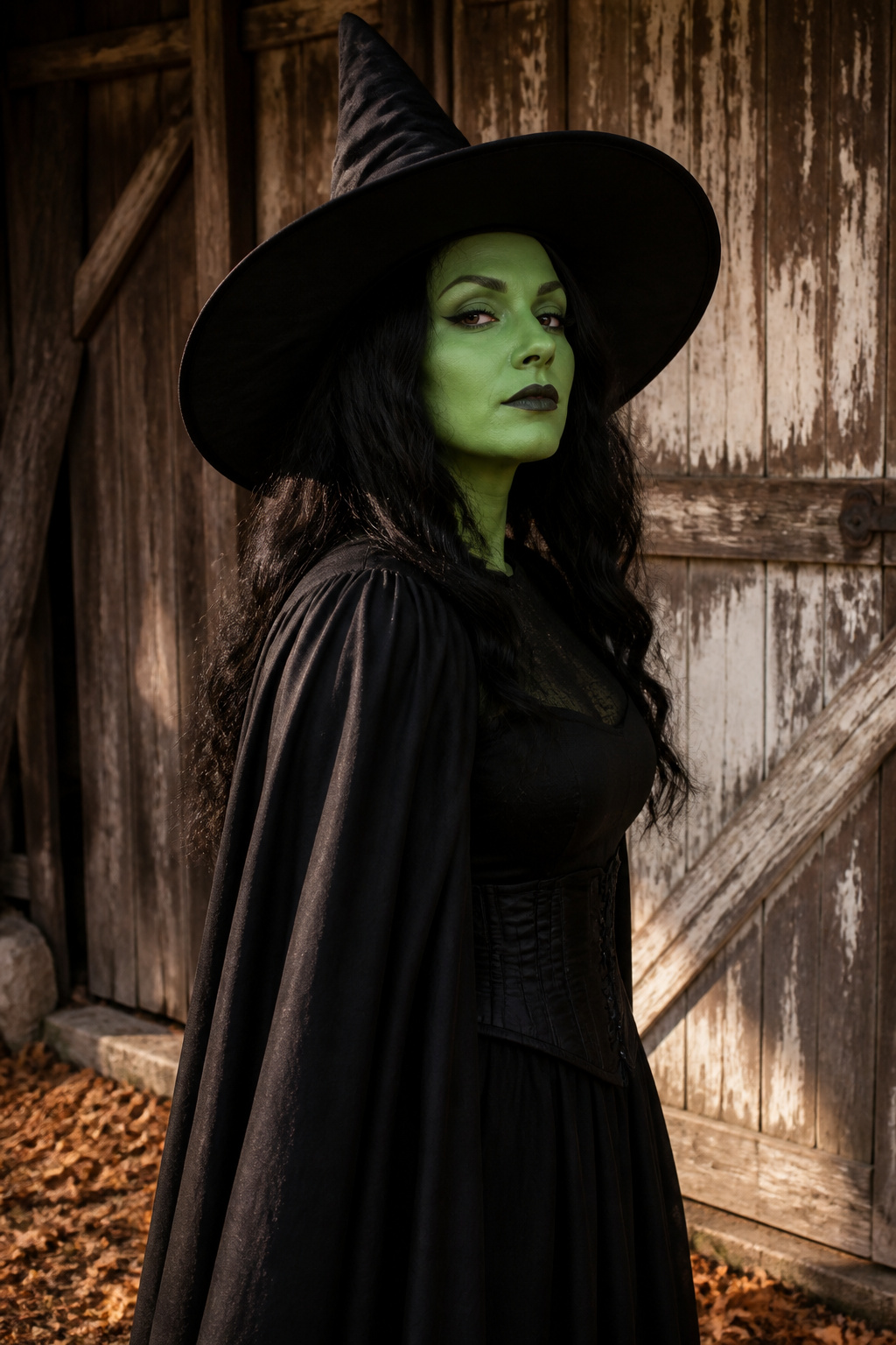 Witch Makeup Halloween Ideas for 2026: 15 Styles 3 Model dressed as the Wicked Witch with green makeup and black hat.