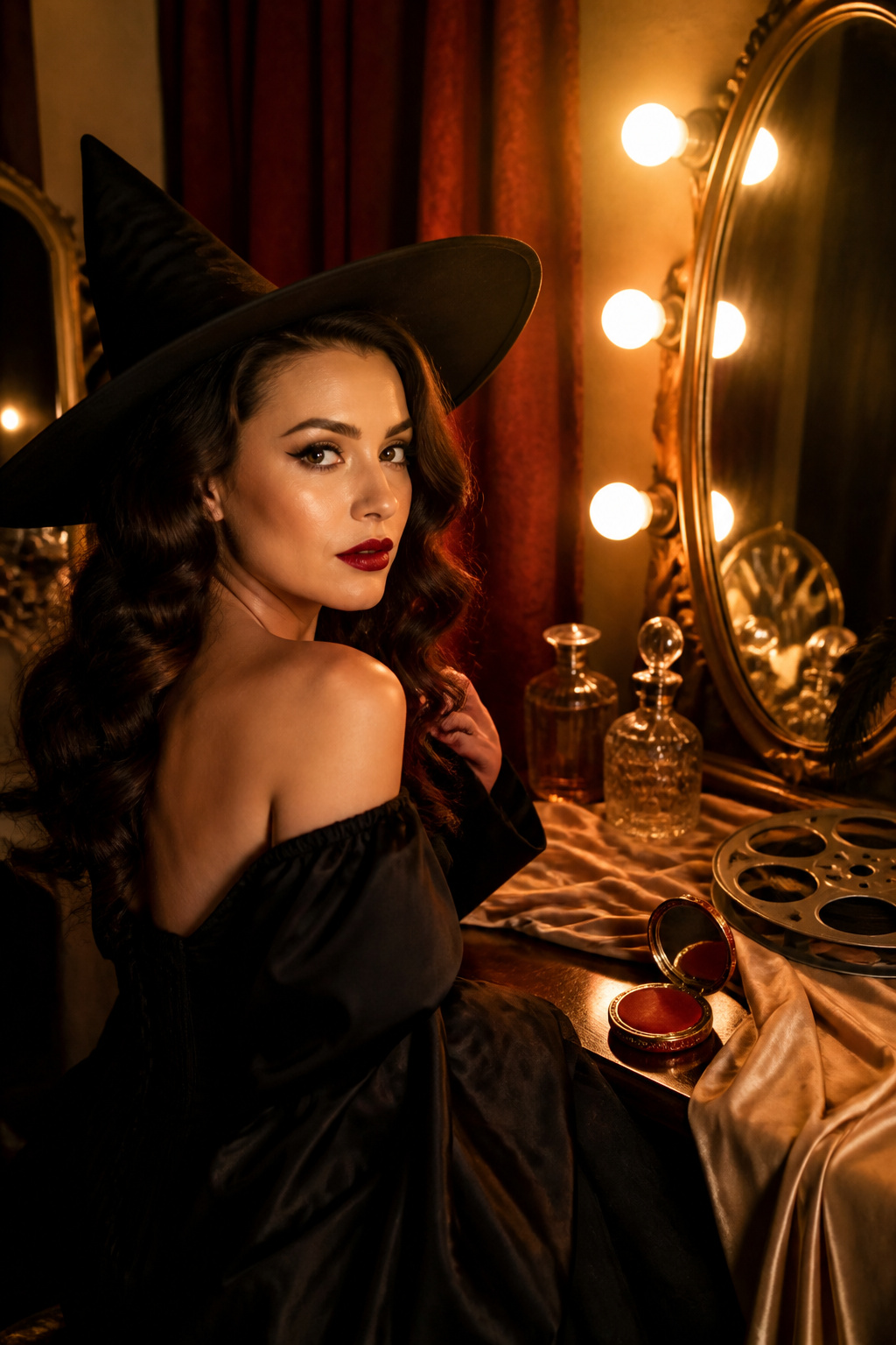 Witch Makeup Halloween Ideas for 2026: 15 Styles 4 Model styled as a Hollywood witch with curls and red lipstick.