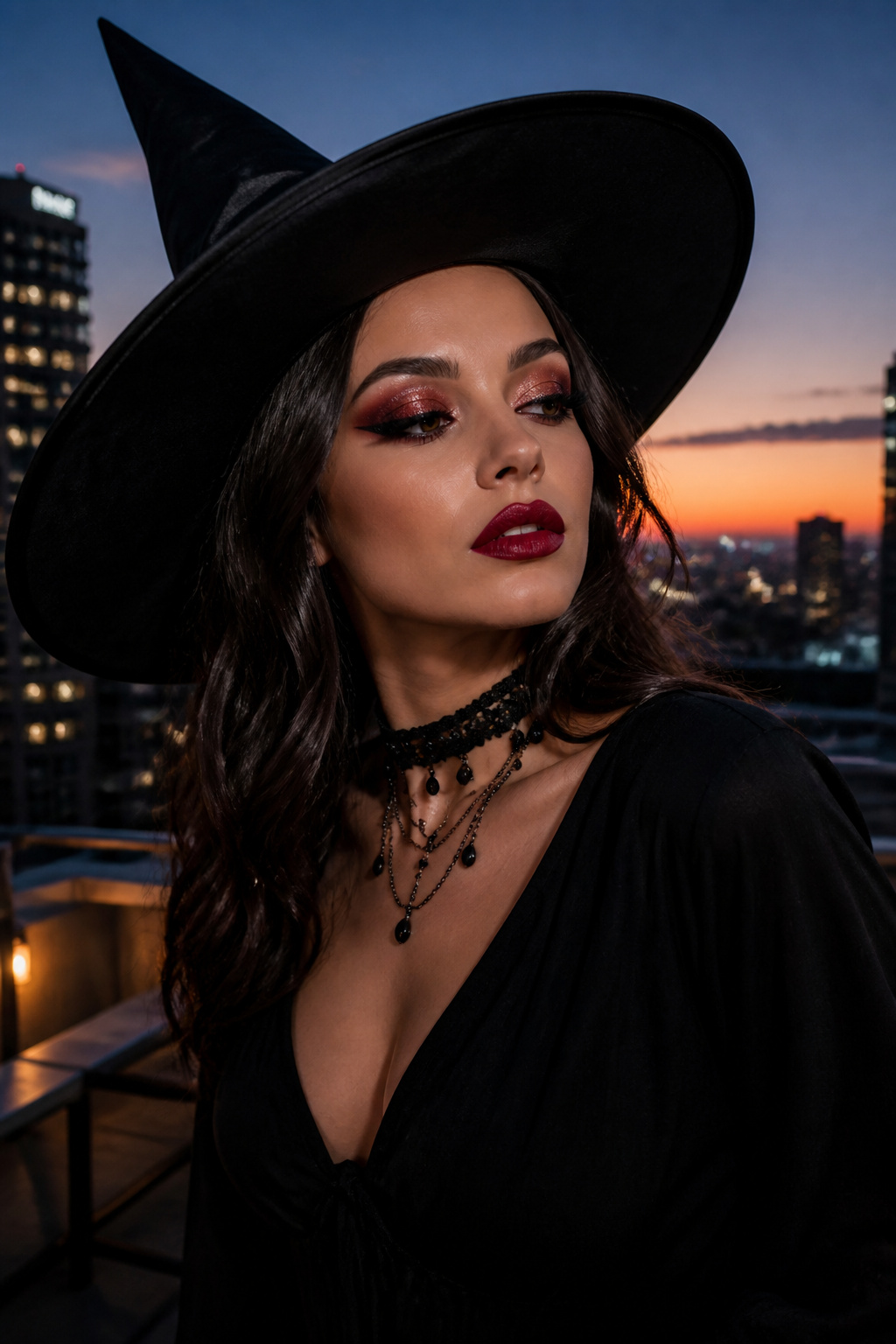 Witch Makeup Halloween Ideas for 2026: 15 Styles 5 Model with glam witch makeup against a city skyline at twilight.