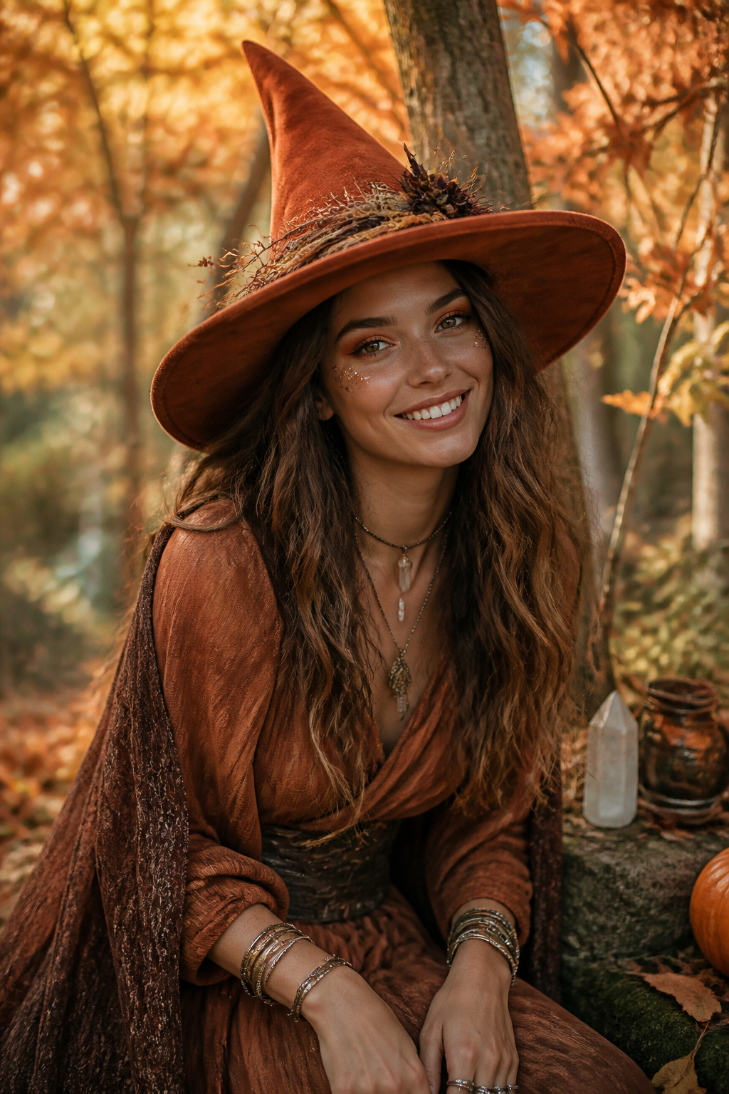 Witch Makeup Halloween Ideas for 2026: 15 Styles 6 Model with soft autumn colors in her makeup in an enchanted forest.