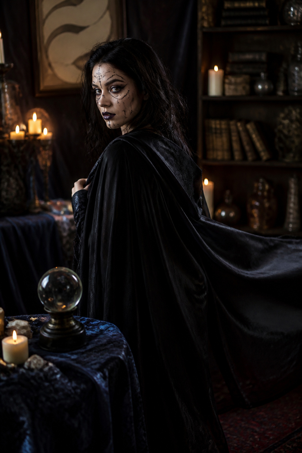 Witch Makeup Halloween Ideas for 2026: 15 Styles 7 Model with black symbols on her face in a candle-lit chamber.
