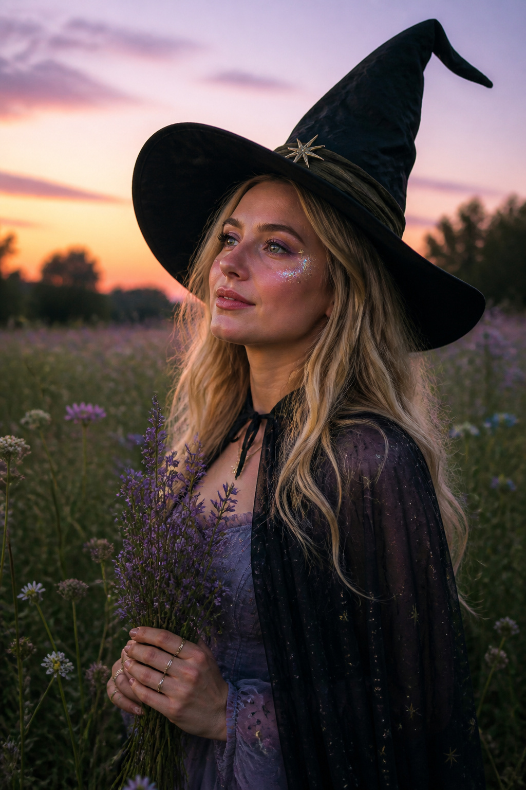 Witch Makeup Halloween Ideas for 2026: 15 Styles 8 Model with gentle radiance and silver glitter in a flower-filled meadow.