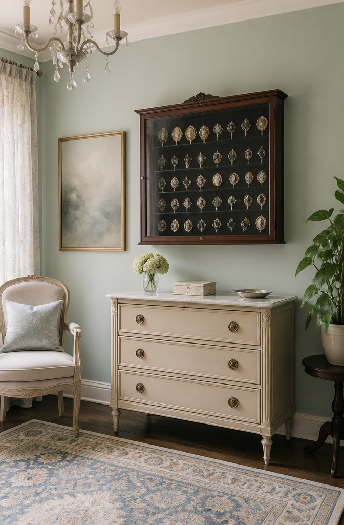 Antique Jewelry Storage: Boxes, Chests, Cases and Cabinets 5 A glass-fronted wall-mounted cabinet displaying various pieces of jewelry.