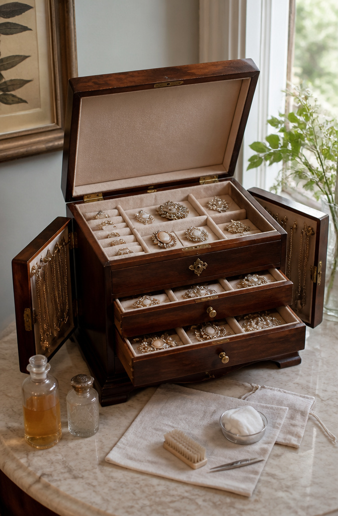 Antique Jewelry Storage: Boxes, Chests, Cases and Cabinets 7 A mahogany jewelry cabinet with velvet-lined compartments for storage.