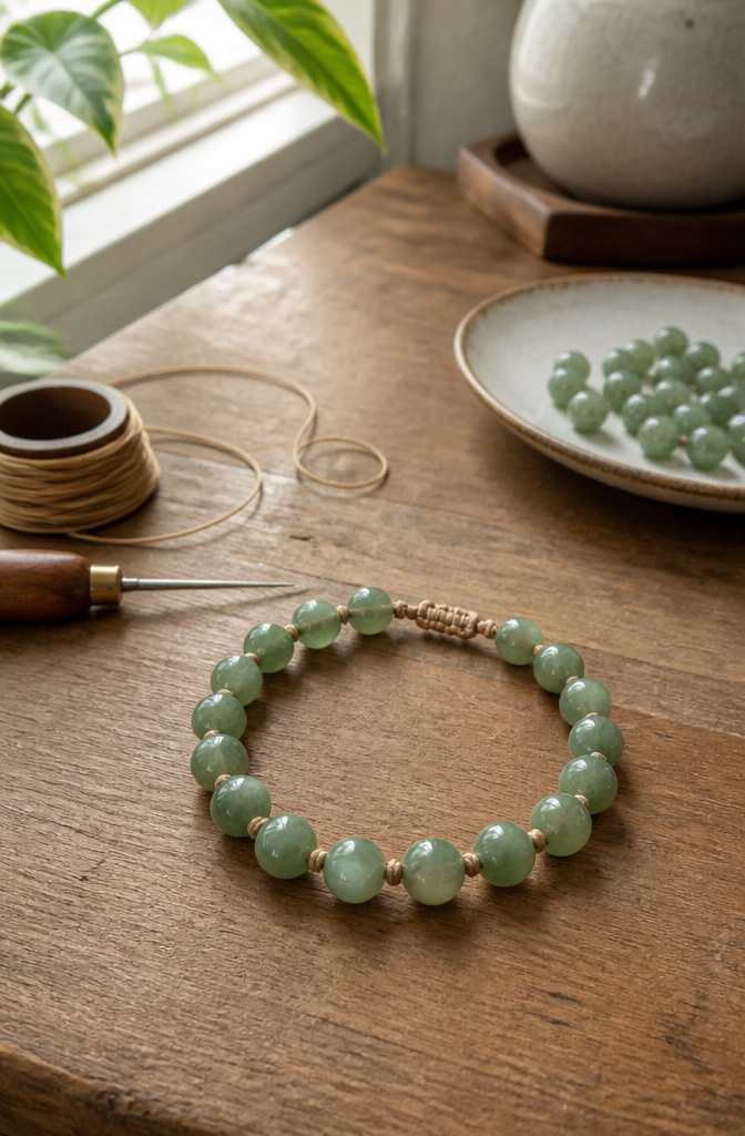 Bracelet Patterns with Beads: Designs, Weaving Tutorials and Ideas 1 Silk and jade bracelet with 6 mm jade beads on a wooden surface.