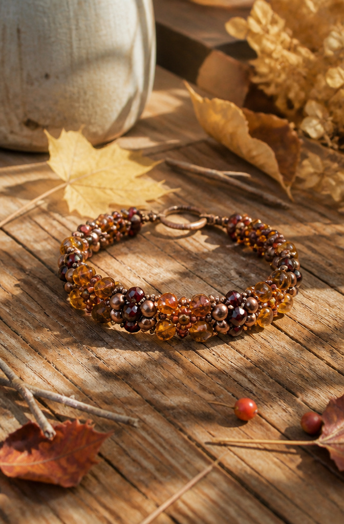 Bracelet Patterns with Beads: Designs, Weaving Tutorials and Ideas 11 Harvest Bracelet featuring amber beads and glossy copper accents.