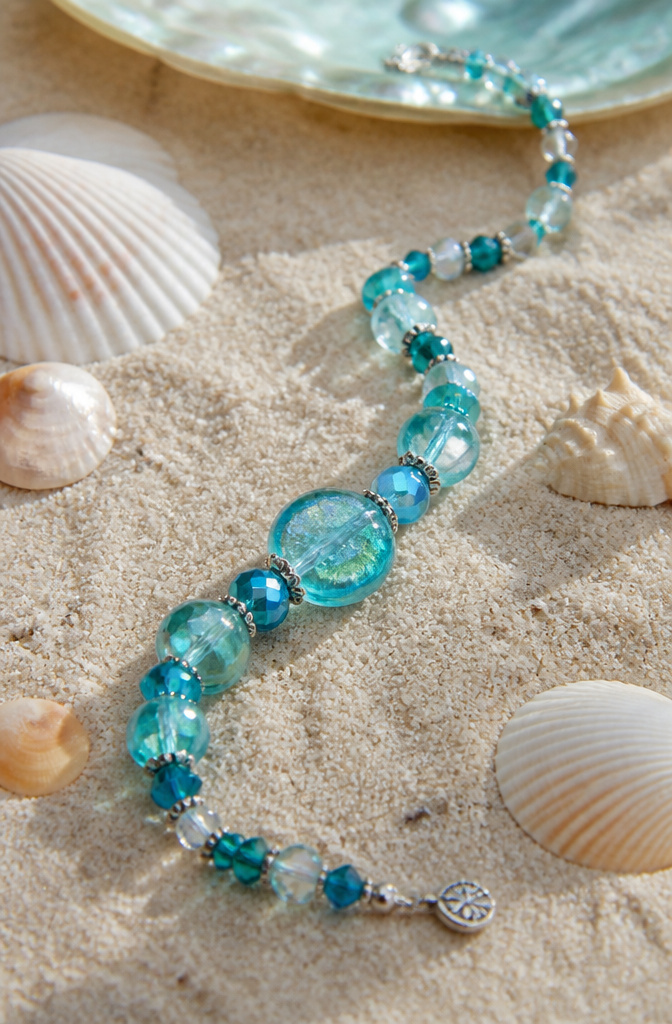 Bracelet Patterns with Beads: Designs, Weaving Tutorials and Ideas 12 Mermaid Whispers bracelet with aqua and teal beads on a sandy surface.