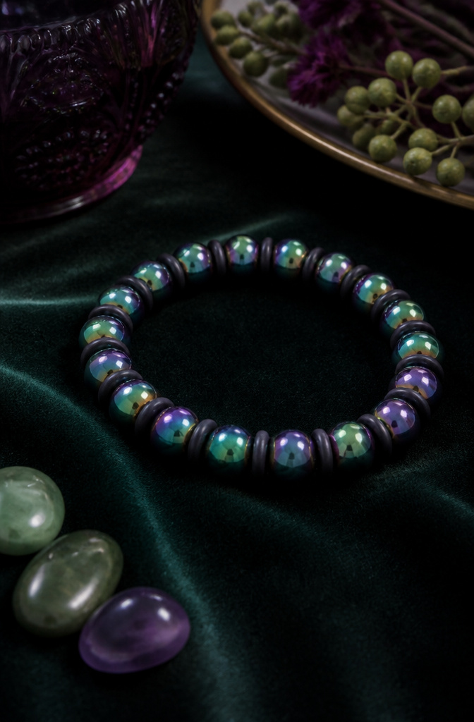 Bracelet Patterns with Beads: Designs, Weaving Tutorials and Ideas 13 Midnight Mallard bracelet with glossy beads on a dark velvet background.