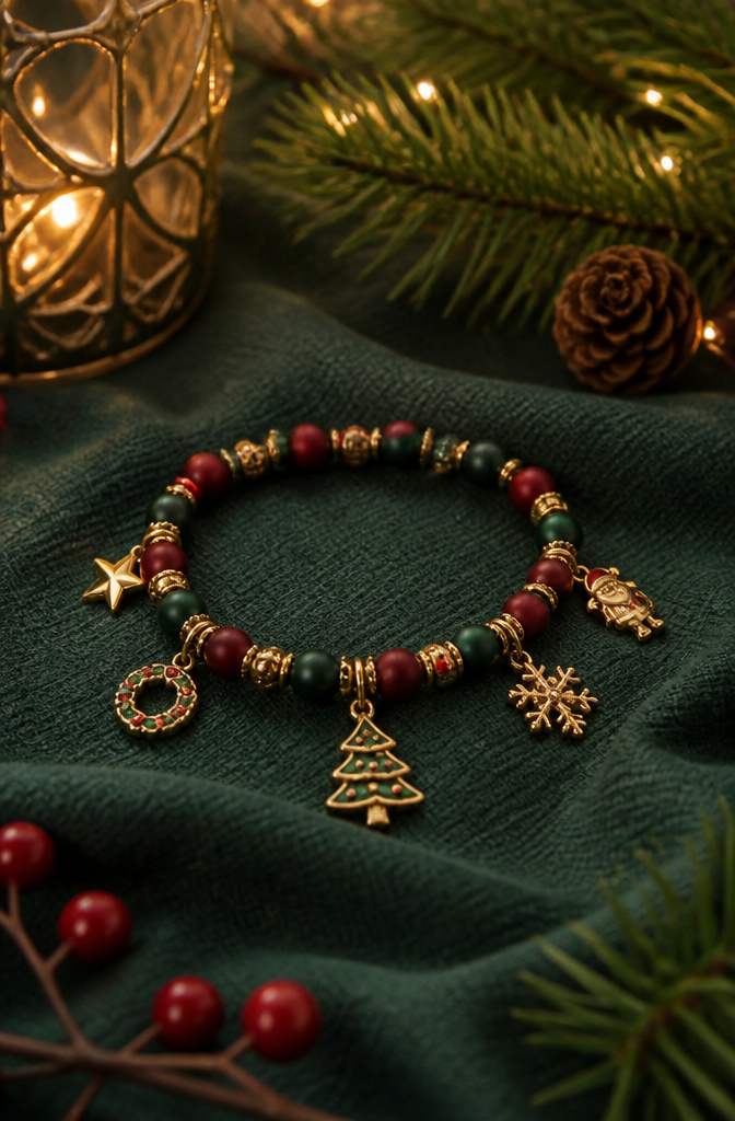 Bracelet Patterns with Beads: Designs, Weaving Tutorials and Ideas 14 Christmas Charm bracelet with red and green beads and metallic charms.