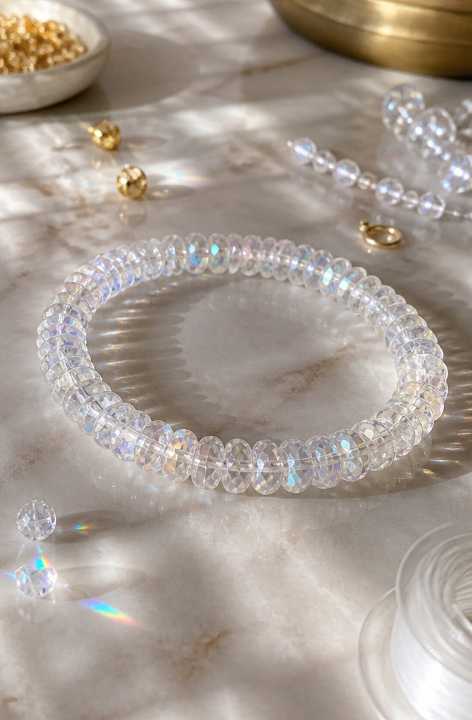 Bracelet Patterns with Beads: Designs, Weaving Tutorials and Ideas 16 Crystal Heishi bracelet with closely aligned beads on a smooth surface.