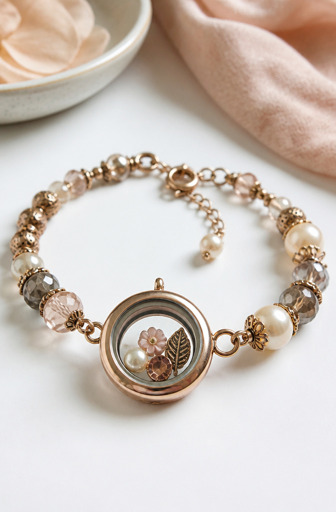 Bracelet Patterns with Beads: Designs, Weaving Tutorials and Ideas 18 Memory Locket bracelet featuring a glass locket and beaded strands.