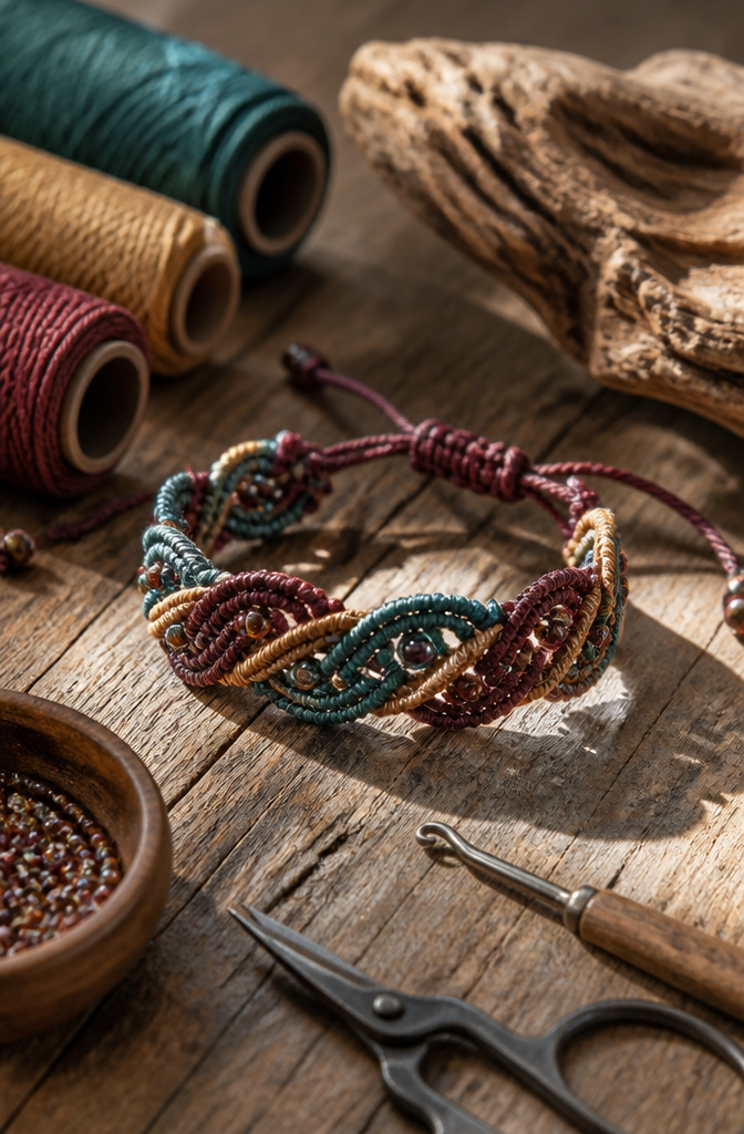 Bracelet Patterns with Beads: Designs, Weaving Tutorials and Ideas 19 Twisted Macramé bracelet with vibrant cords and interspersed seed beads.