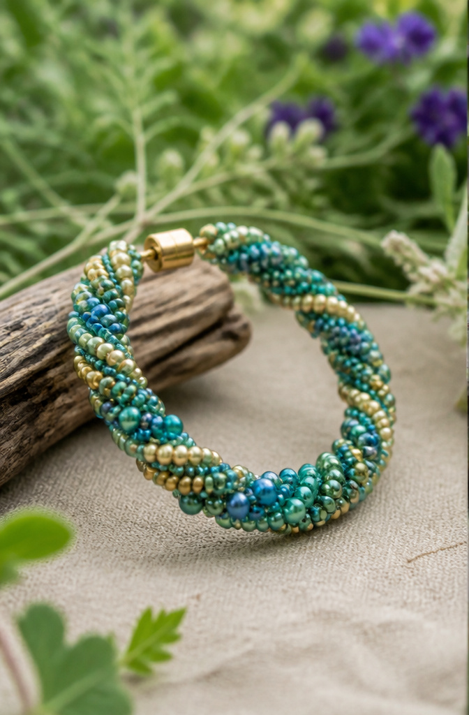 Bracelet Patterns with Beads: Designs, Weaving Tutorials and Ideas 2 Winding current bracelet with seed beads in gradient sizes on woven fabric.