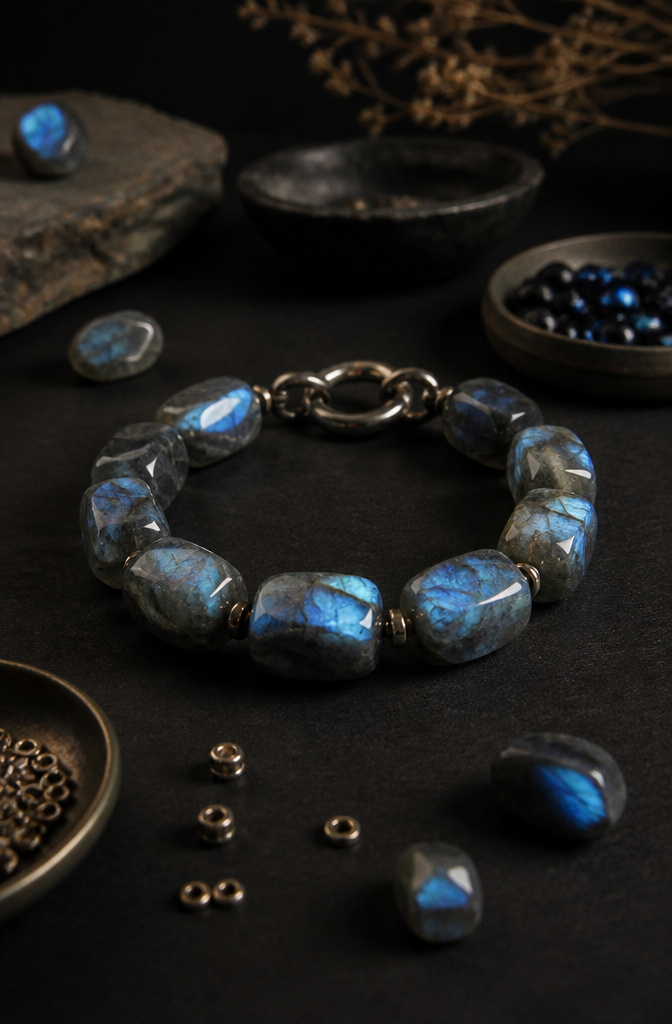Bracelet Patterns with Beads: Designs, Weaving Tutorials and Ideas 20 Chunky Labradorite bracelet featuring deep blue stones with iridescent effects.