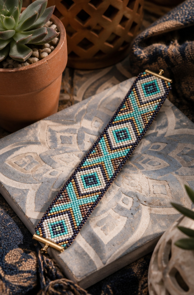 Bracelet Patterns with Beads: Designs, Weaving Tutorials and Ideas 5 Moroccan Dreams bracelet with repeating diamond patterns on a slate tile.
