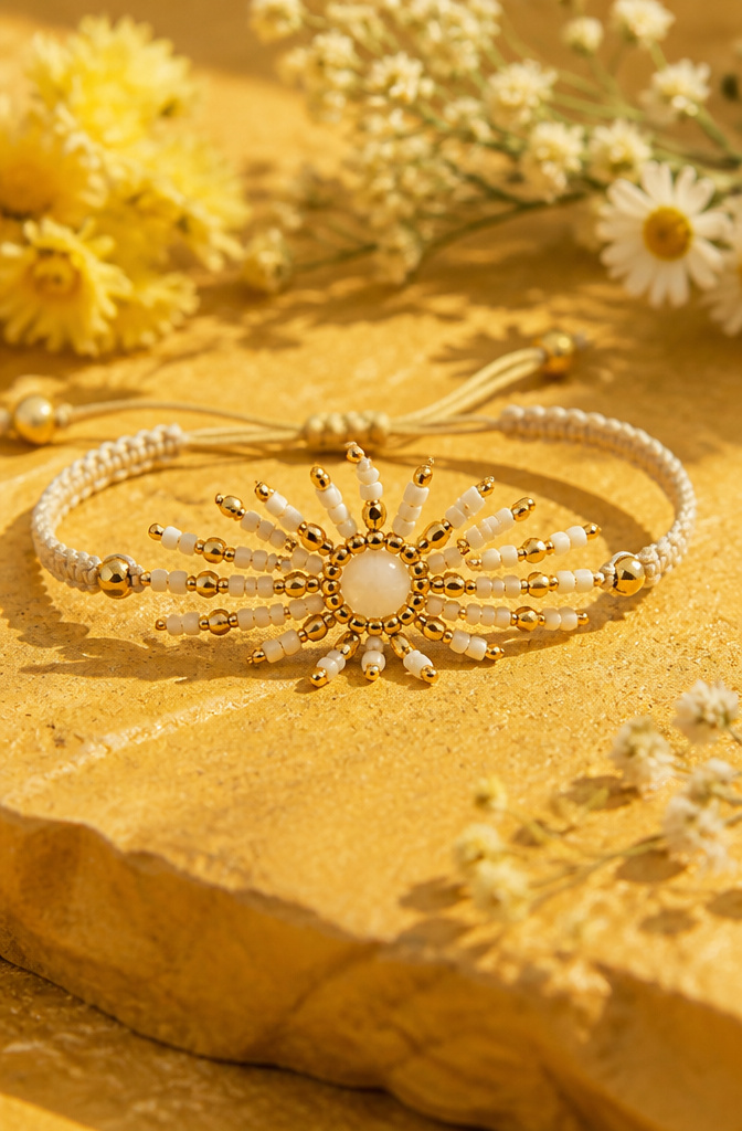Bracelet Patterns with Beads: Designs, Weaving Tutorials and Ideas 6 Sunburst bracelet with a central bead and outward rays.