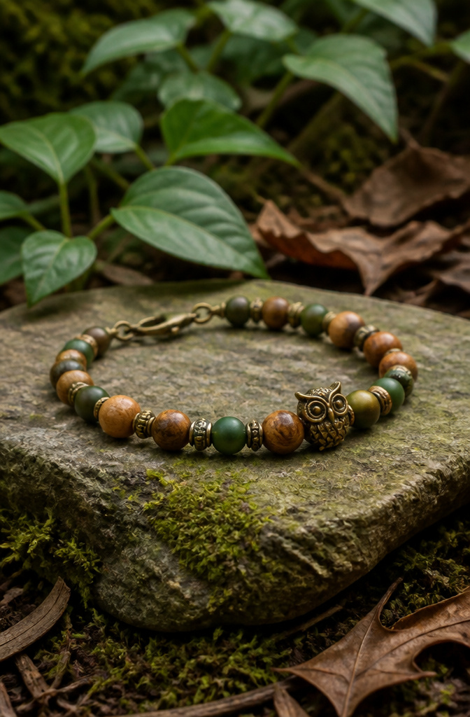 Bracelet Patterns with Beads: Designs, Weaving Tutorials and Ideas 8 Woodland Owl bracelet with wood-toned beads and an owl charm.