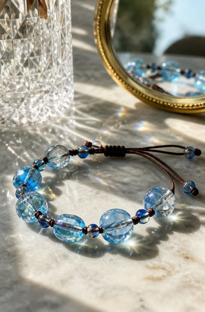 Bracelet Patterns with Beads: Designs, Weaving Tutorials and Ideas 9 Aqua Aura bracelet showcasing bright blue and silver beads on a surface.