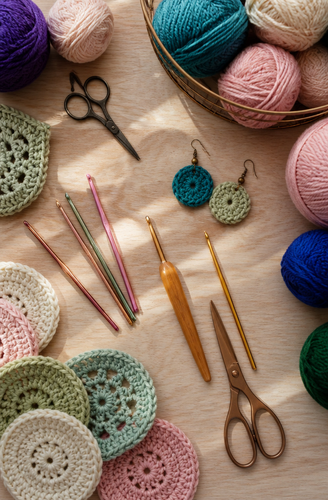 Crochet Earring Holder: Pattern Guide & Framed DIY Ideas 13 Tools and materials laid out for making crochet earring holders.