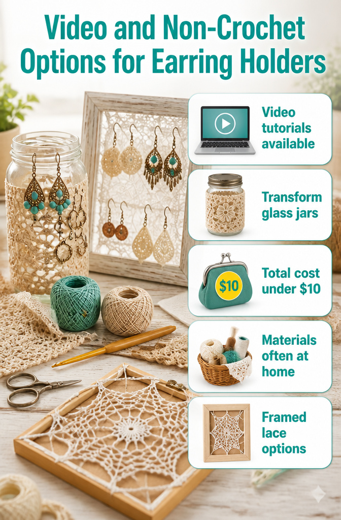 Crochet Earring Holder: Pattern Guide & Framed DIY Ideas 15 Information image featuring video and non-crochet options for earring holders.