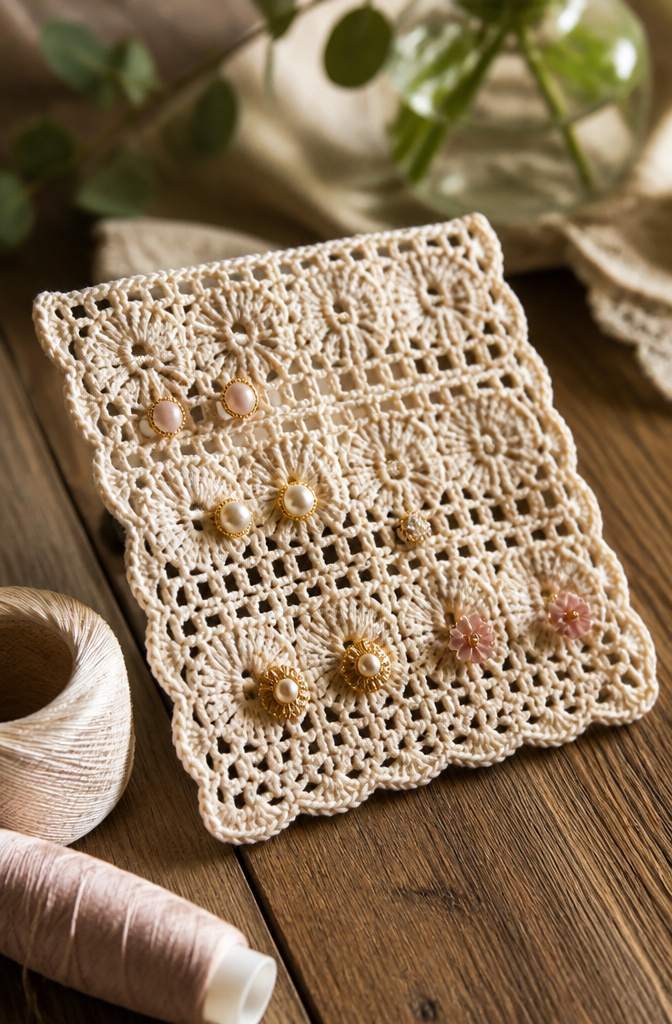 Crochet Earring Holder: Pattern Guide & Framed DIY Ideas 7 Intricate lace crochet holder on a textured wood background.