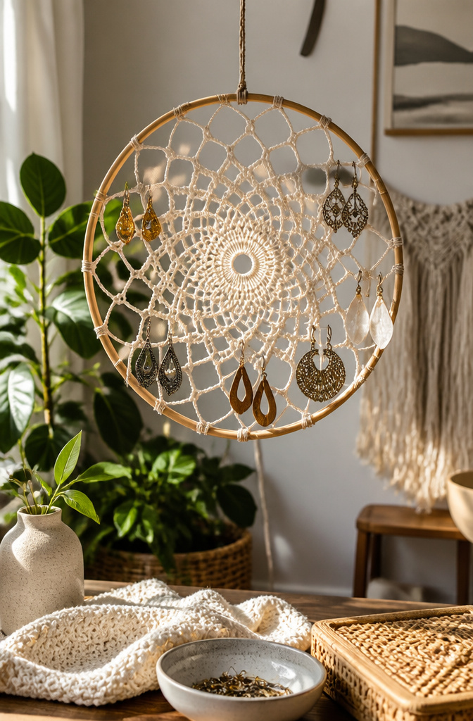 Crochet Earring Holder: Pattern Guide & Framed DIY Ideas 8 Crochet dream catcher holder with light yarn around a wooden hoop.