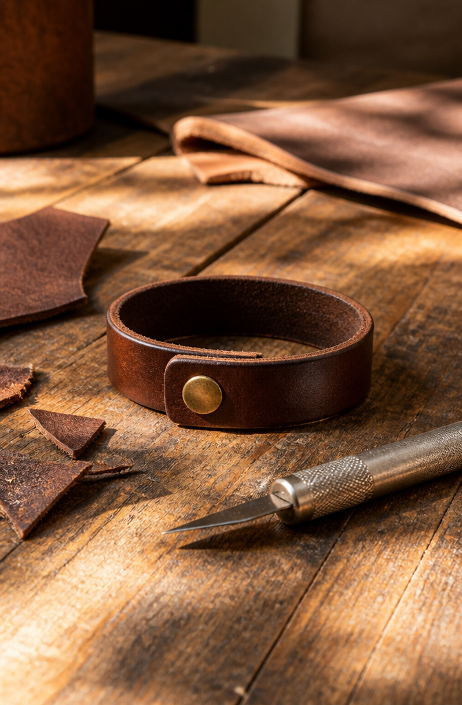 12 Cute Bracelet Ideas for 2026: Styles, Materials & How to Start 10 Leather cuff bracelet with a brass snap on an aged wooden table.