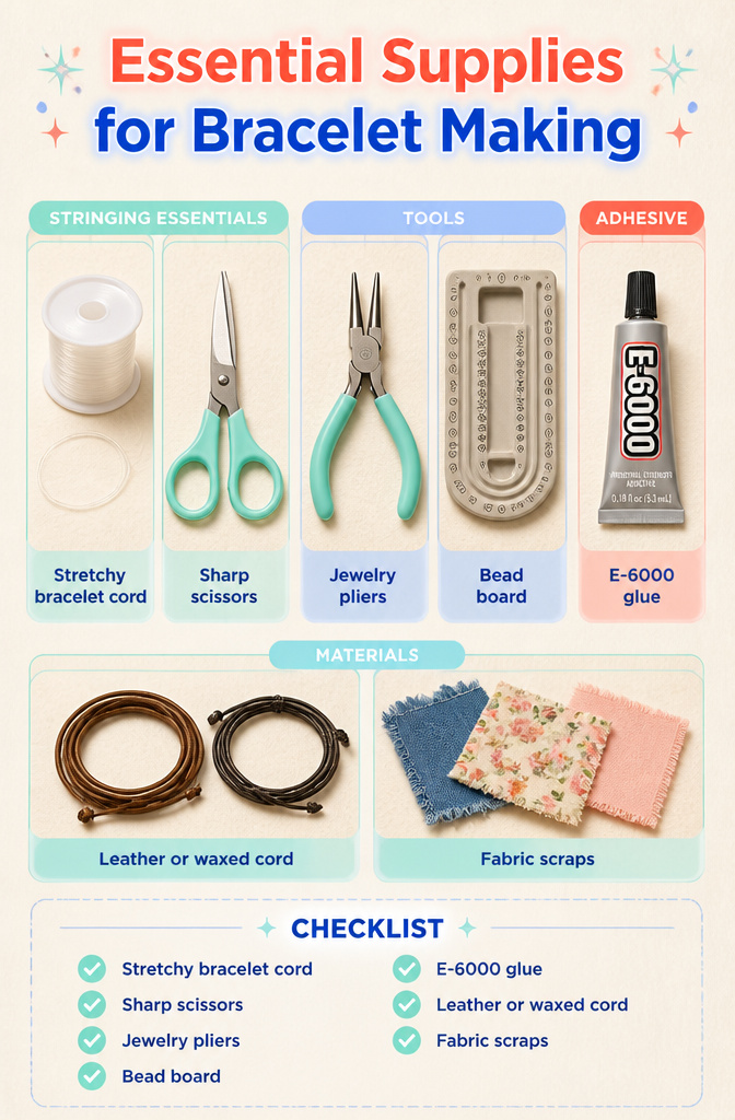 12 Cute Bracelet Ideas for 2026: Styles, Materials & How to Start 13 Craft supplies for bracelet making including cords, scissors, and pliers.