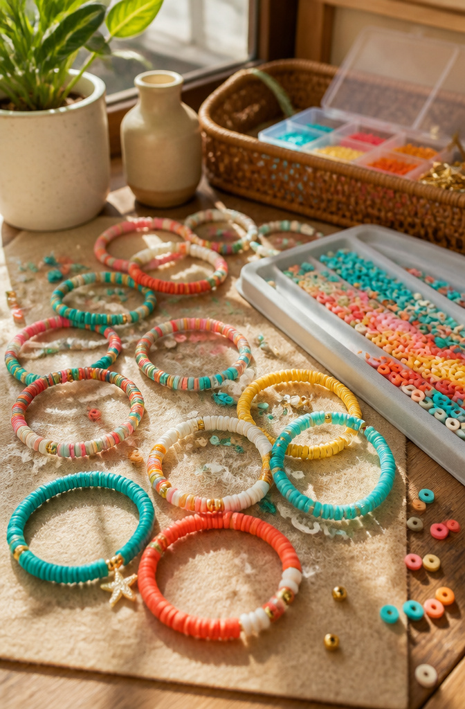12 Cute Bracelet Ideas for 2026: Styles, Materials & How to Start 6 Assorted clay bead bracelets in turquoise, coral, and yellow on a craft table.