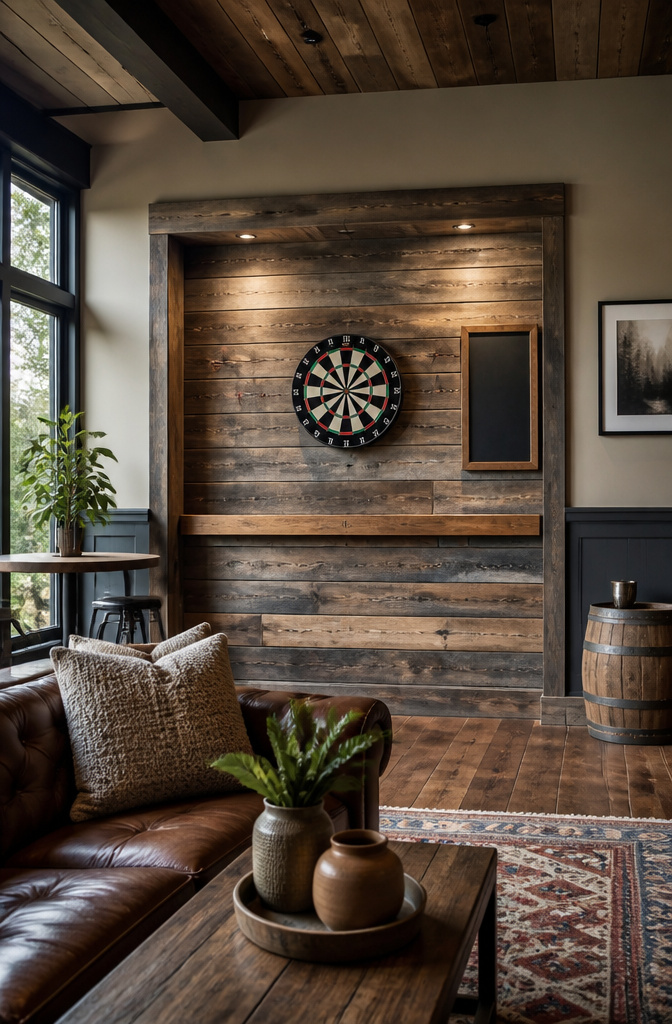 9 Dart Board Wall Ideas for Style and Wall Protection in 2026 1 A dartboard surrounded by reclaimed barn wood, highlighting its rustic texture.