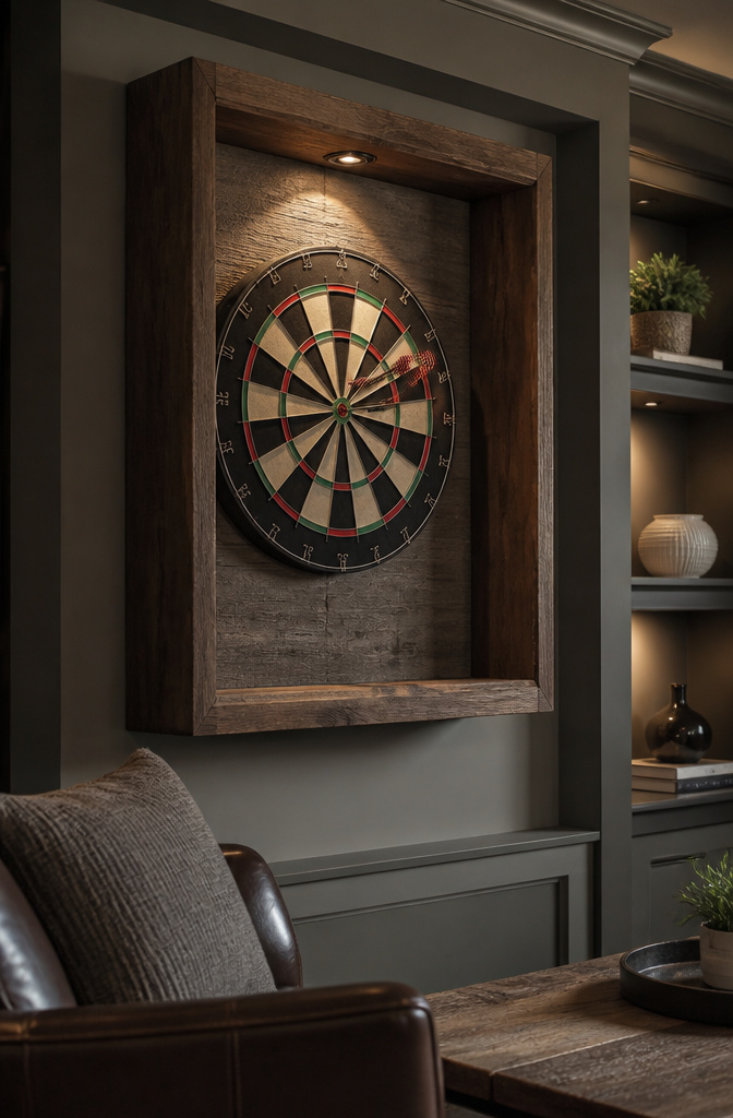 9 Dart Board Wall Ideas for Style and Wall Protection in 2026 7 A dartboard encased in a deep shadow box frame in a cozy den.