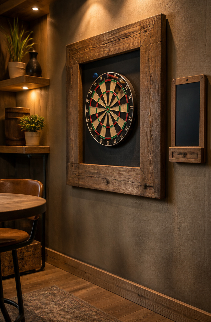 9 Dart Board Wall Ideas for Style and Wall Protection in 2026 9 A dartboard framed in thick rustic wood, set in a warmly lit game room.