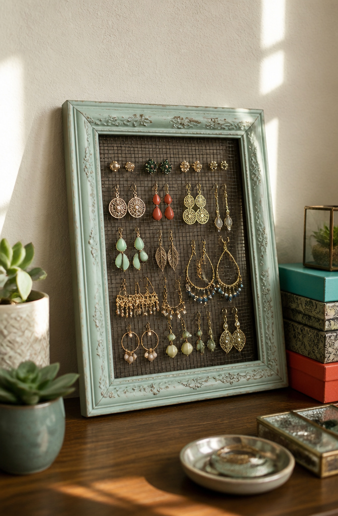 DIY Earring Holder Ideas for Every Style and Space 1 An 8" x 10" picture frame with mesh fabric and earrings displayed inside.