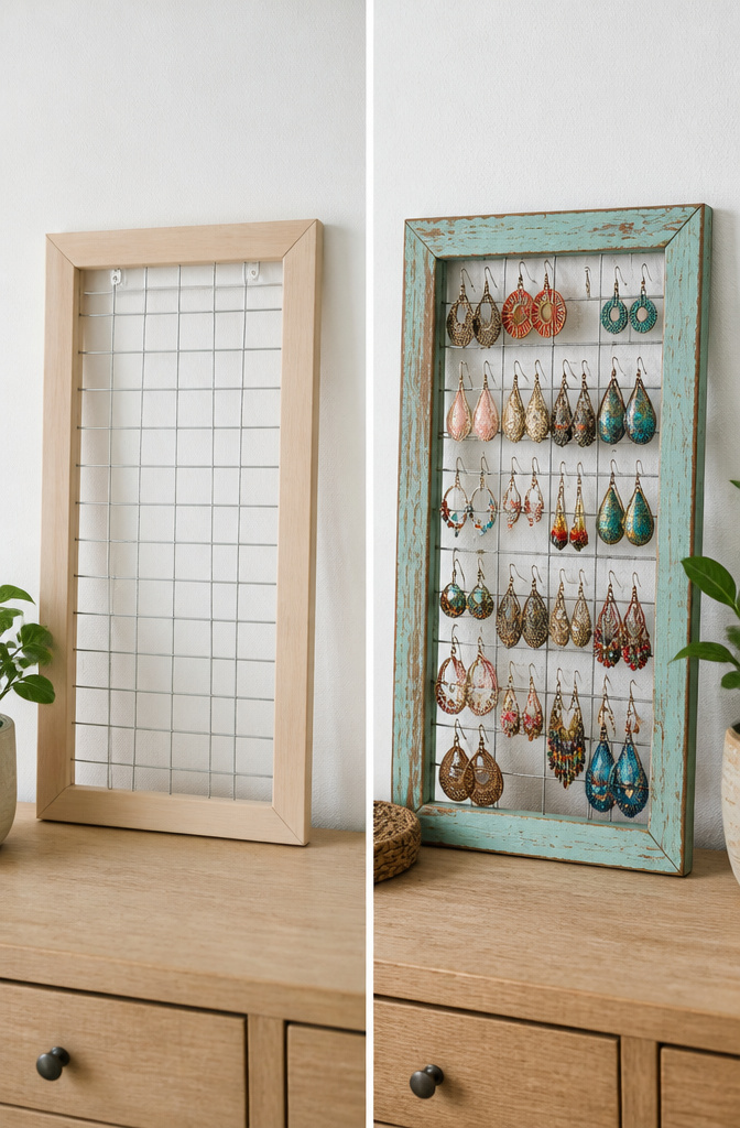 DIY Earring Holder Ideas for Every Style and Space 13 A painted picture frame displaying a soft color against a wall.