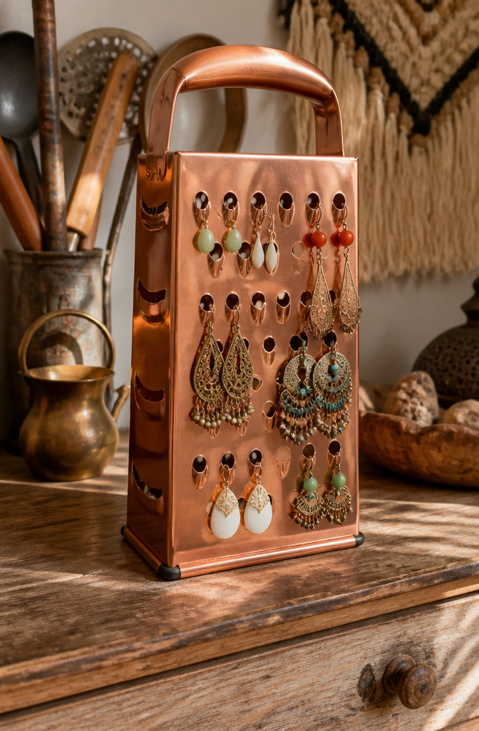 DIY Earring Holder Ideas for Every Style and Space 4 A spray-painted copper cheese grater displaying various dangle earrings.