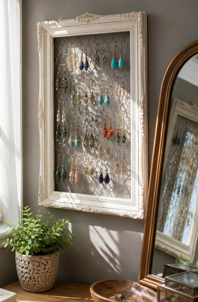 DIY Earring Holder Ideas for Every Style and Space 7 A frame with chicken wire displaying earrings organized by type.