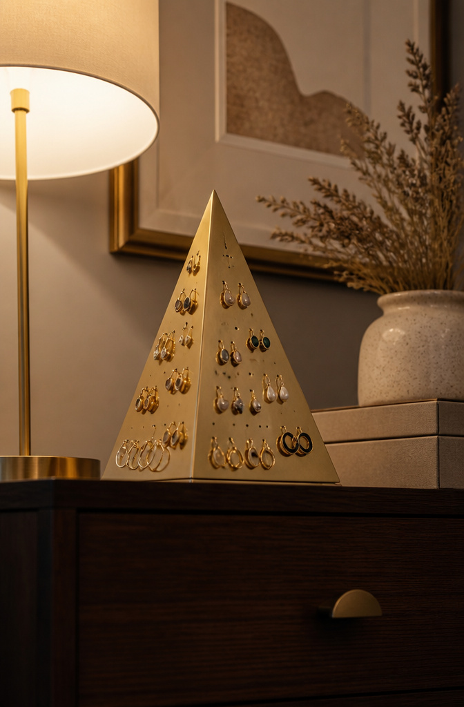 DIY Earring Holder Ideas for Every Style and Space 9 A brass pyramid earring holder displaying various earrings.