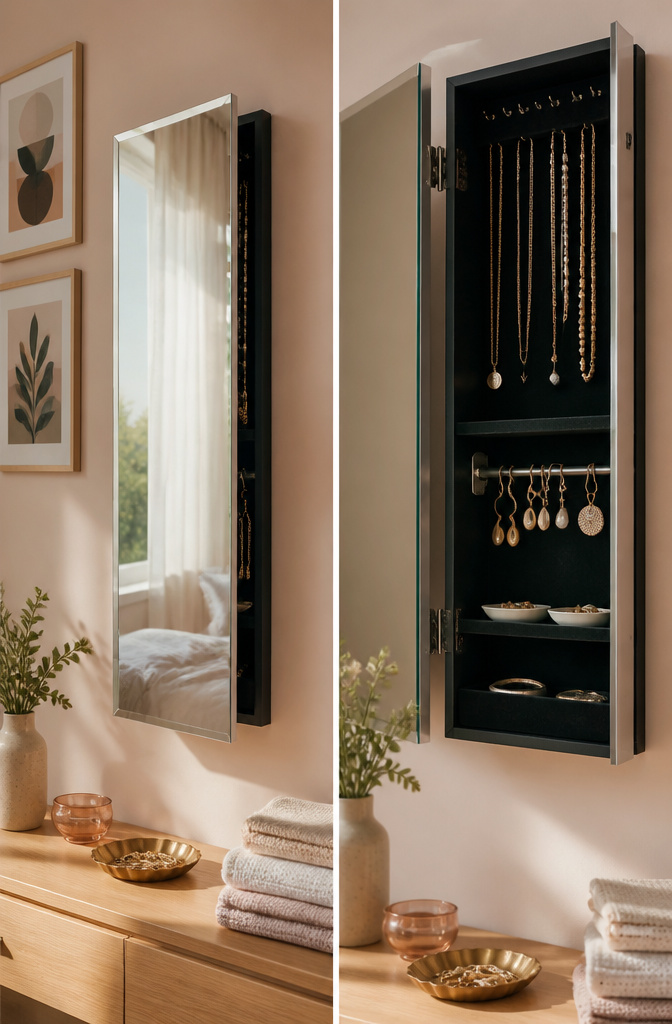 14 DIY Jewelry Storage Ideas: Creative Ways to Organize 7 Mirror with storage cavity behind it mounted on the wall.