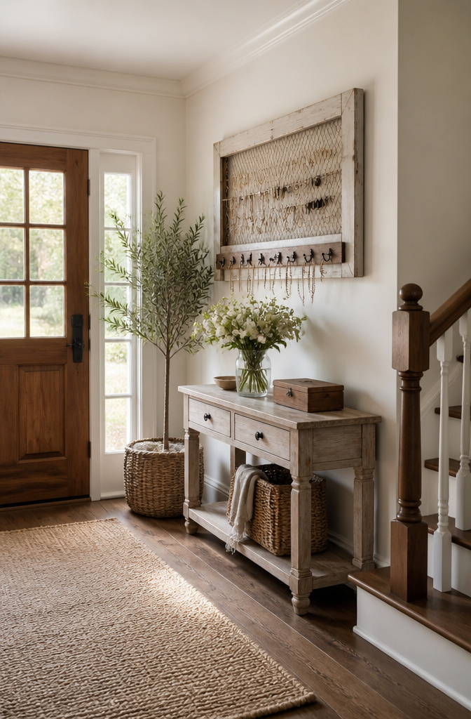 DIY Jewelry Wall Organizer Ideas and Styles for 2026 10 A rustic jewelry organizer made from distressed wood and chicken wire.