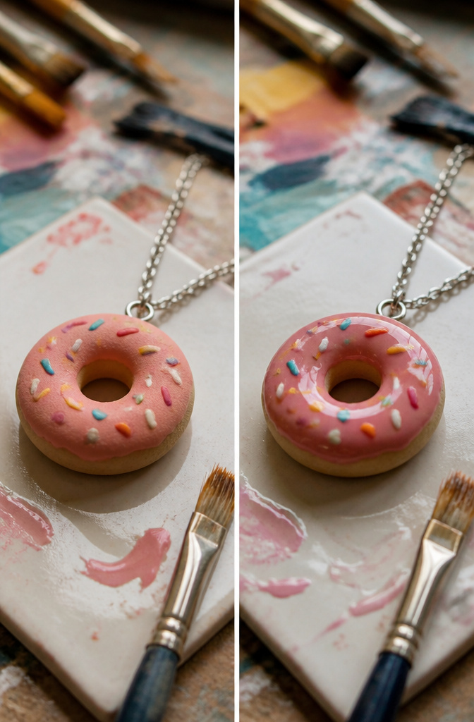 Donut Necklace DIY: 5 Steps to Make One in 2026 6 A clear glaze is brushed onto a painted donut charm.
