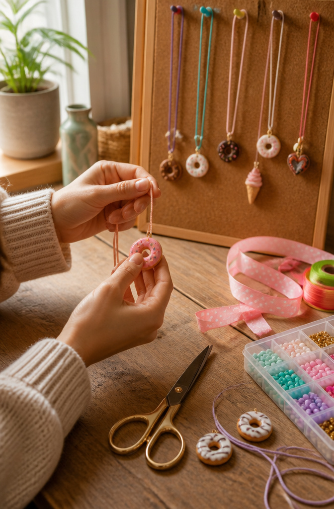 Donut Necklace DIY: 5 Steps to Make One in 2026 7 A person threads a donut charm onto colorful string at a crafting table.