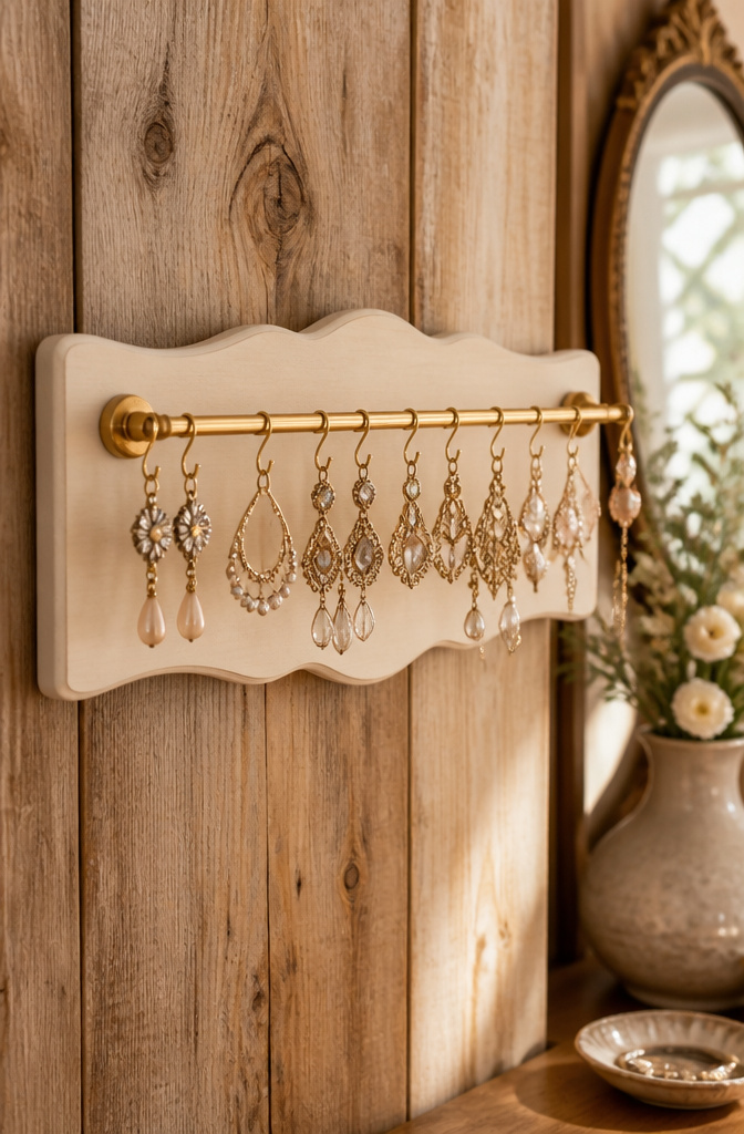 Earring Holder Wall: Cork Stud Organizer and Dangle Holder 2 Dangle earring holder with a metal bar and wooden base.