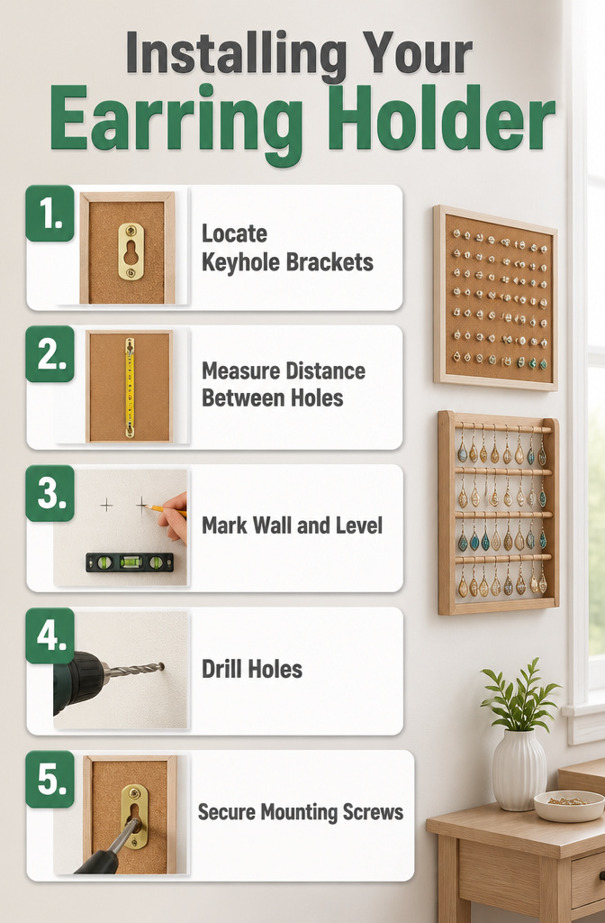 Earring Holder Wall: Cork Stud Organizer and Dangle Holder 4 Information image showing mounting brackets on the back panel.