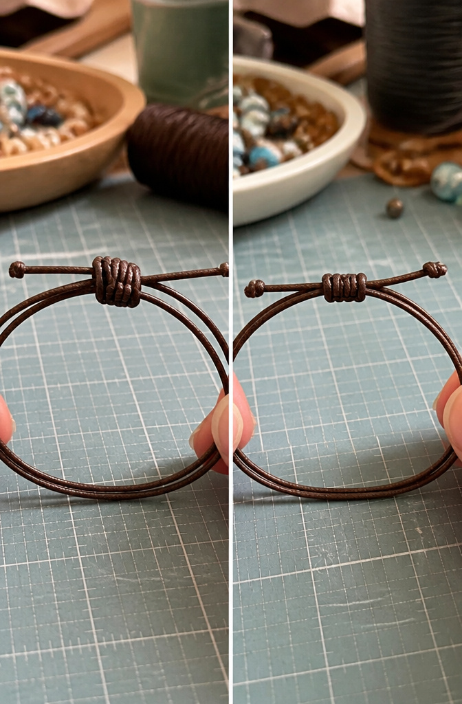 Easy Sliding Knot Bracelet: How to Tie an Adjustable Closure in 8 Steps 4 A sliding knot being adjusted for firmness on a wooden surface.