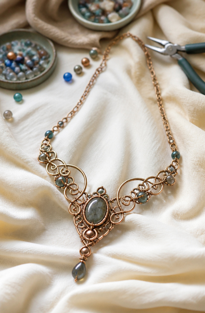 Easy Wire Jewelry: Patterns and Tutorials for Beginners 12 A front-back necklace with wire shapes extending past the chain.